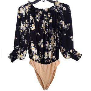 Wayf Black Yellow Ivory Daisies Off The Shoulder Ruffle Bodysuit Size Small